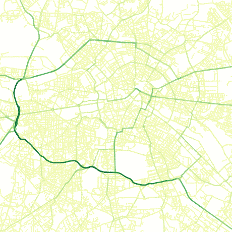The effect of
changing the distribution of trip lengths on the road network of Berlin An animation of the road network of Berlin